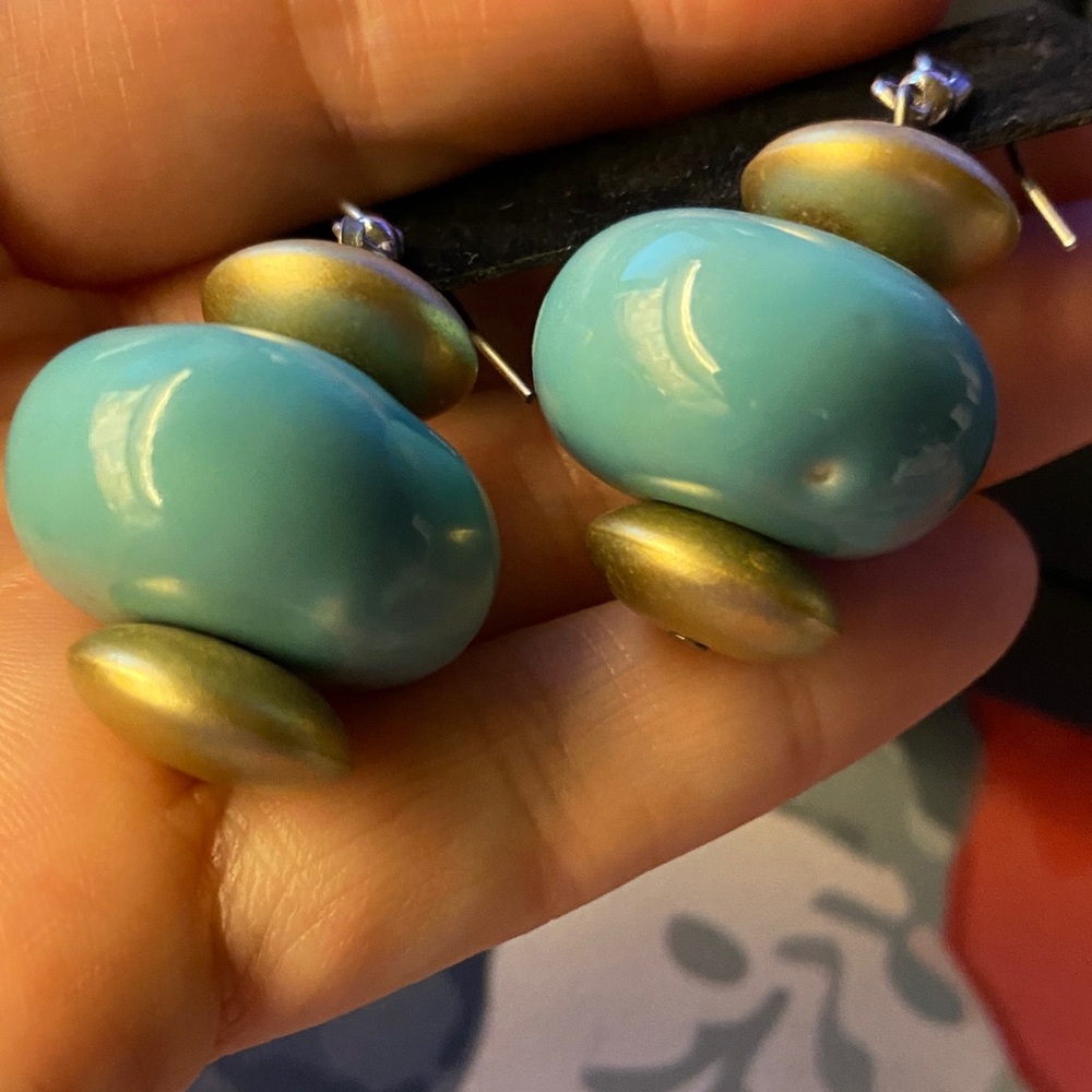 Turquoise Porcelain Bead Drop Earrings with Antique Gold Accents - Picture 3 of 3